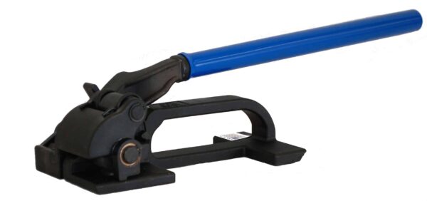 Heavy Duty Feedwheel Tensioner for Steel Banding. This tool has Unlimited take-up and is ideal for flat package loads. Designed for ¾ to1-1/4 wide High Tensile Steel banding and strap gages 025 - .031 HT.