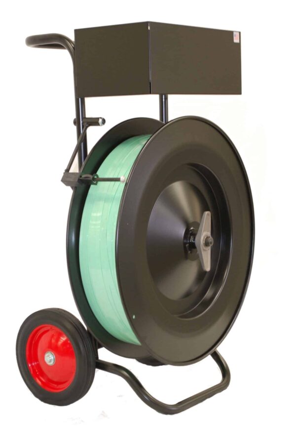 Premium Strapping Dispenser w/Break Arm - Oscillated Wound Strapping - Core I.D. 16" Only / Face Width 3"-6" / 10" Tires