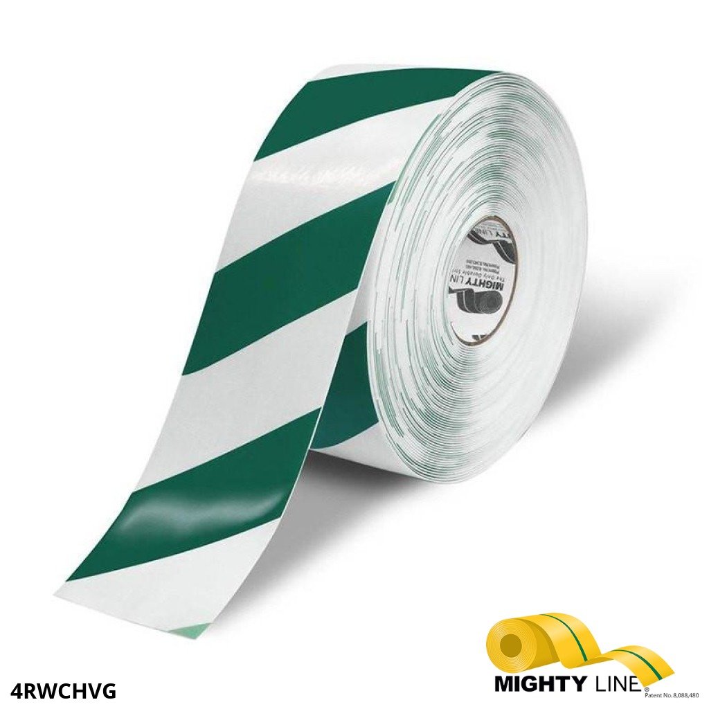 Mighty Line 4" White Tape with Green Chevrons - 100' Roll