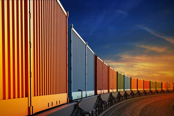 3d illustration of wagon of freight train with containers on the sky background