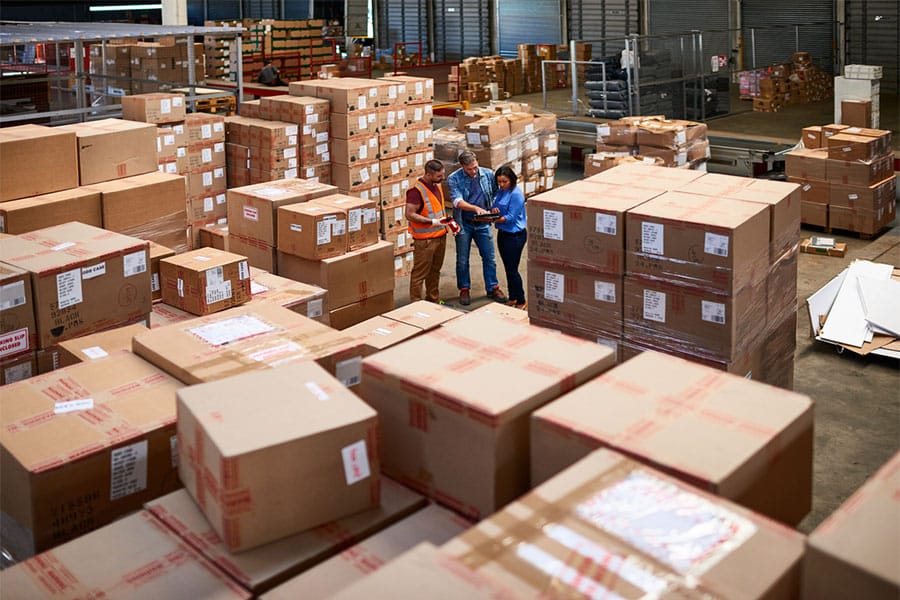 People Standing in the Middle of Boxes in Warehouse