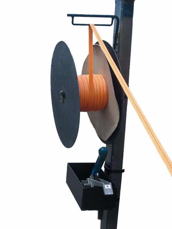 Strapping-Products.com Fork Lift Mounted Strapping Dispenser is designed to be used with Woven or Bonded Strapping that is Ribbon or Oscillated wound.